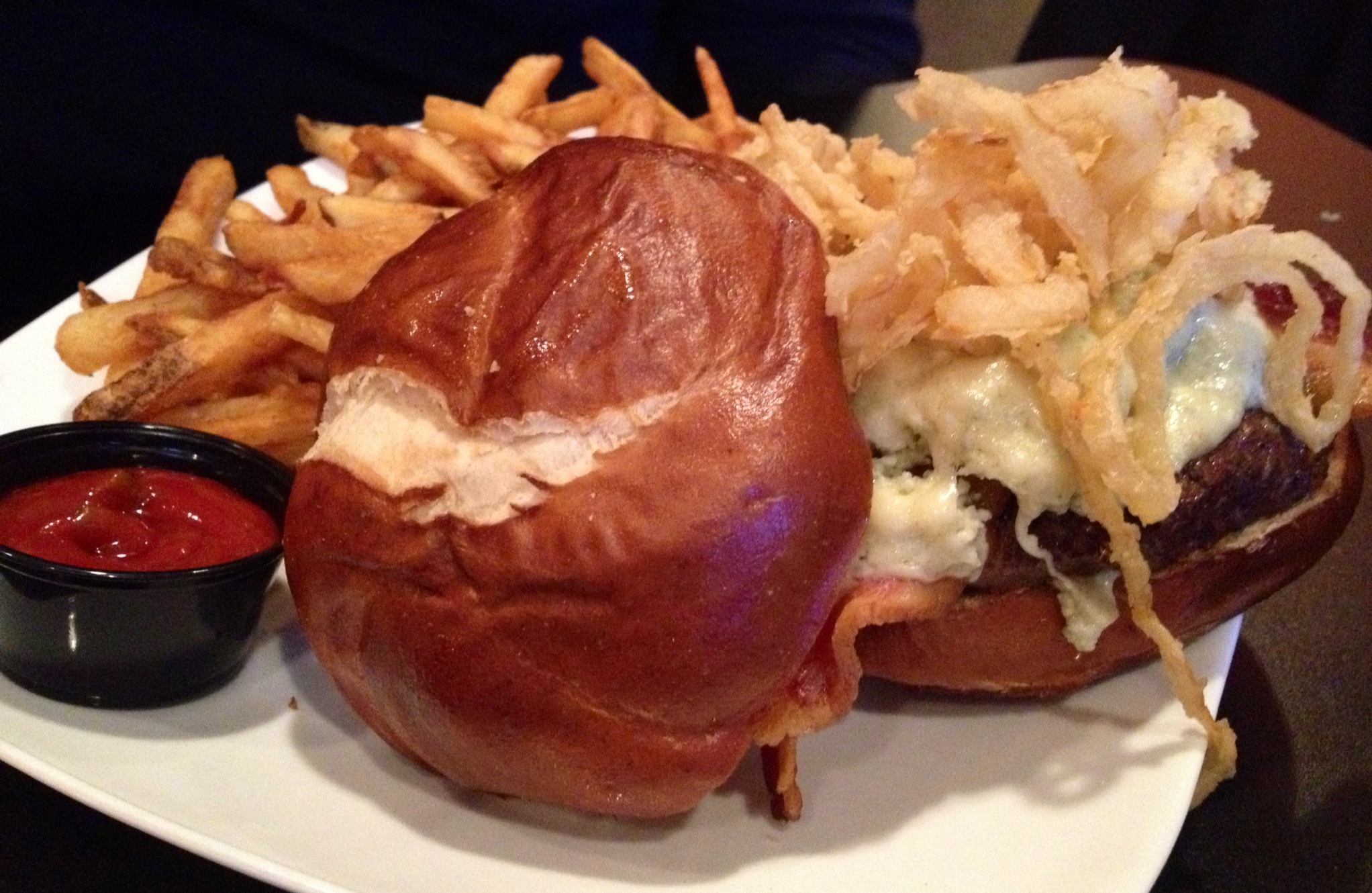 Kaijo Burger: Thick and juicy patty, bacon, bleu cheese, and frizzled onions.