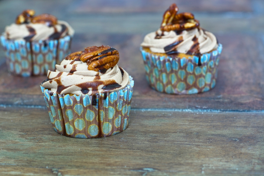 Beer Batter Cupcakes with Cocoa-Whiskey Buttercream and Candied Pecans