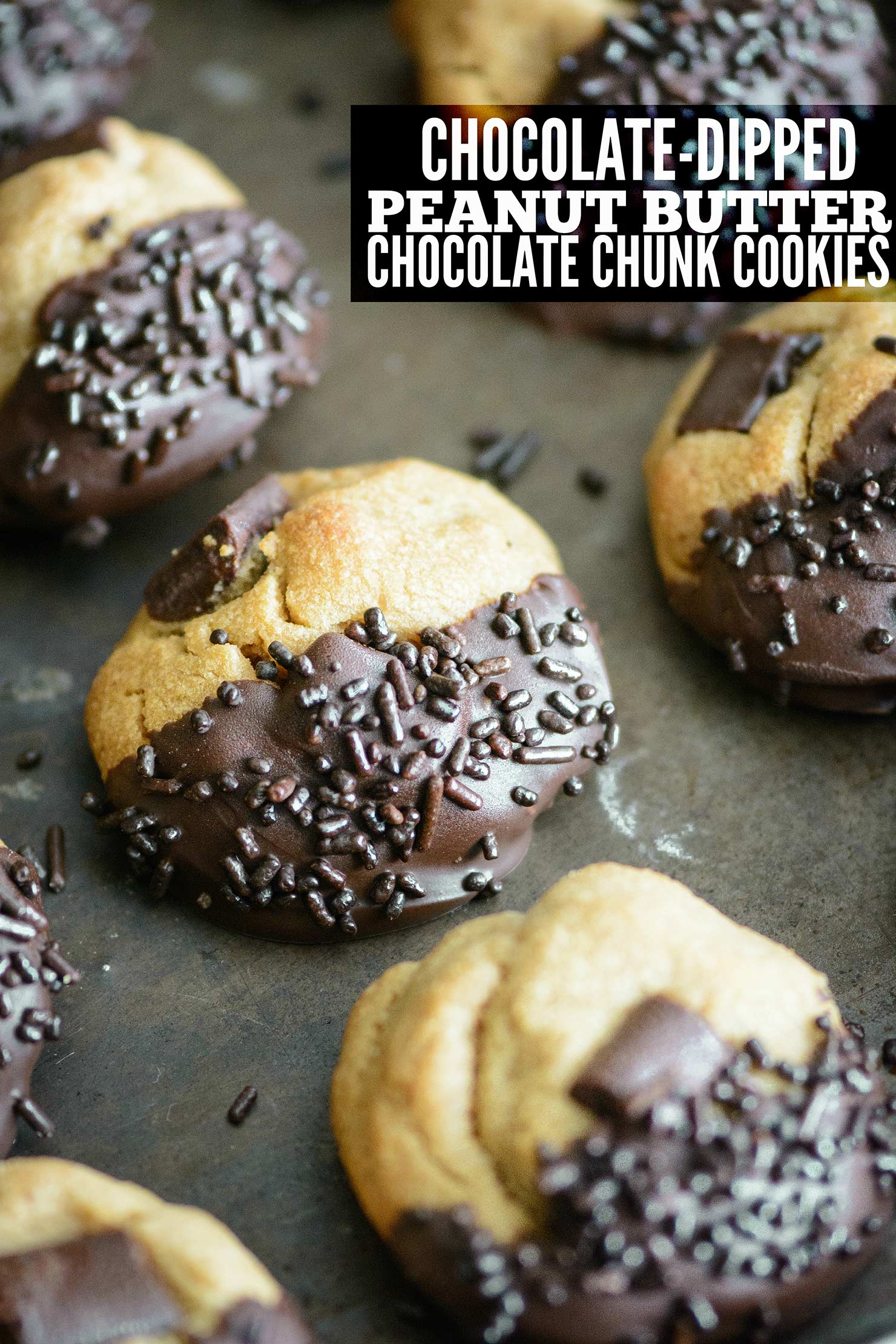 Chocolate-Dipped Peanut Butter Chocolate Chunk Cookies with Dark Chocolate Sprinkles | Kailley's Kitchen
